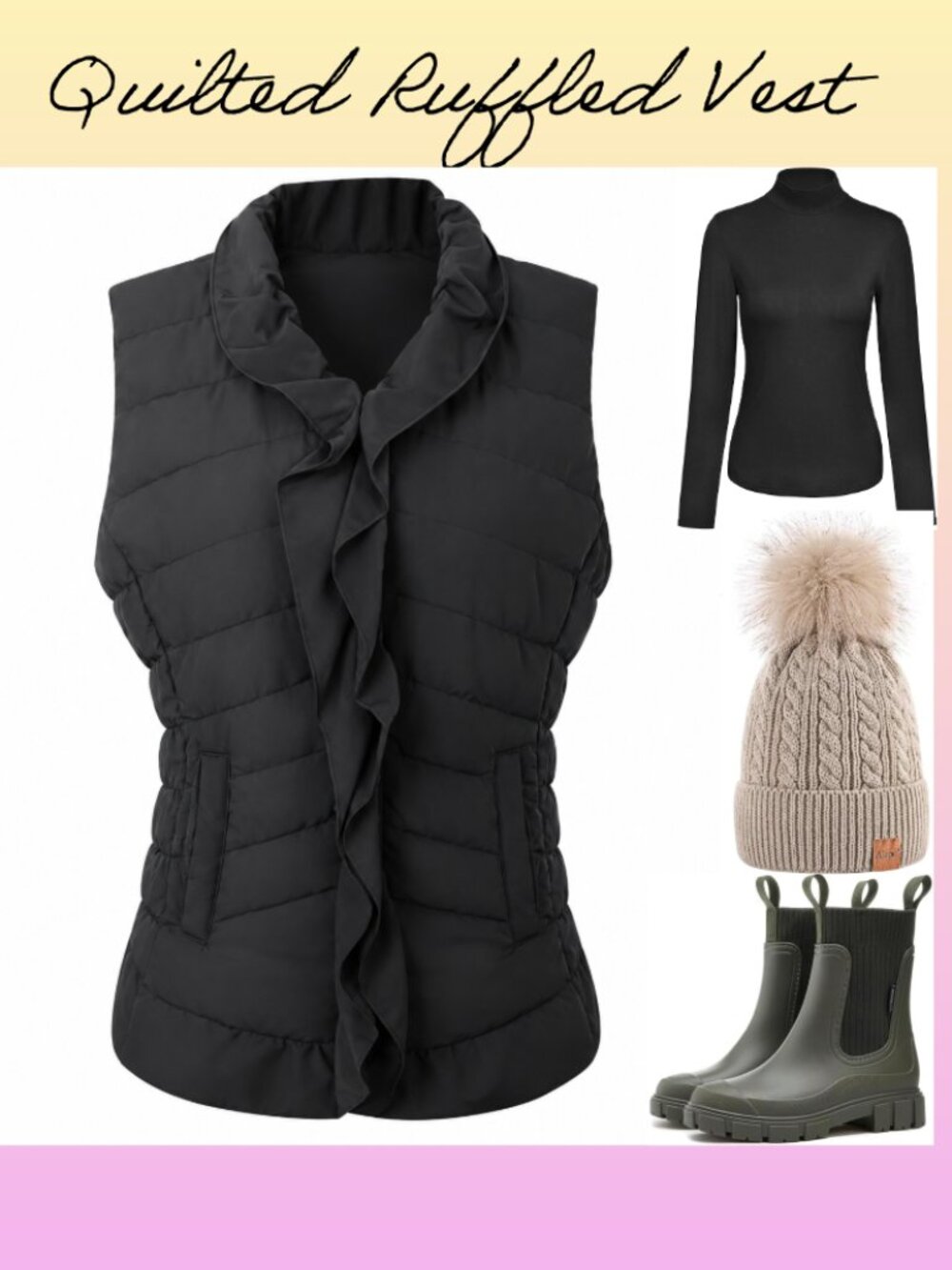 Black Quilted Vest with Ruffle Women's size Small Charlie Paige